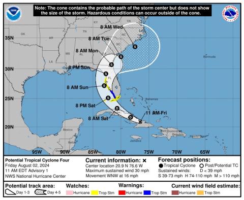 The current projected path for invest 97L, which is forecast to strengthen into a tropical storm as it approaches Florida this weekend. (NOAA)