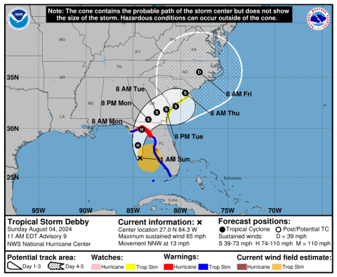 Tropical Storm Debby is expected to impact North Florida tomorrow as it continues to advance toward Florida. (NATIONAL HURRICANE CENTER)