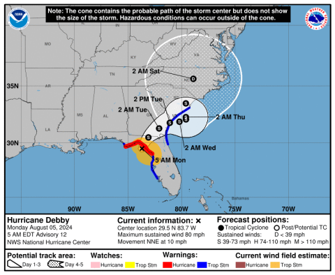 Hurricane Debby made landfall Monday morning near Steinhatchee. (NATIONAL HURRICANE CENTER)