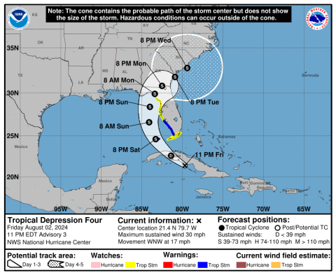 The tropical depression near Cuba is forecast to become Tropical Storm Debby this weekend. (NOAA)