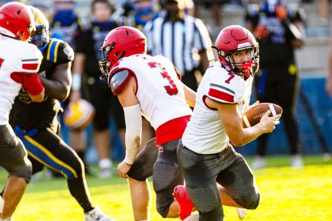 Lafayette receiver Parker Hill turns up field after taking a handoff during the Preseason Classic against Newberry on Aug. 15. (JACK HOWDESHELL/Lake City Reporter)