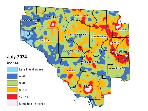 According to the Suwannee River Water Management District’s hydrologic conditions report, most of North Florida received between 5 and 9 inches of rain in July. (COURTESY)