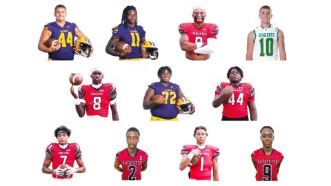 TOP ROW: CHS DL Caden Bolstein, CHS LB/S Da’jon Brown, FWHS LB Lecosta Byrd and SHS WR/DB Koy Frier; MIDDLE ROW: FWHS QB Jayden Jackson, CHS OL Chase Johnson and FWHS DL Jaden McCray; BOTTOM ROW: FWHS WR Tafari Moe, LHS WR/DB Jordan Murphy, FWHS WR Mike Peterson Jr. and LHS QB/DB Tywan Williamson. (CHS photos by Jen Chasteen; FWHS photos by Brent Kuykendall; SHS photos by Tammy Johns; LHS photos by Marcus Edwards)