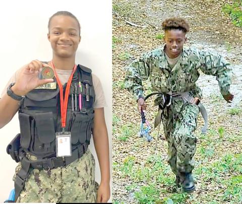LEFT: Victoria Coker shows off a medal she earned during her training with the Navy Sea Cadets. Coker earned the Honor Cadet designation last month. RIGHT: Michael Coker, running during a training with the Navy Sea Cadets, became the first local member to earn Honor Cadet. (COURTESY PHOTOS)