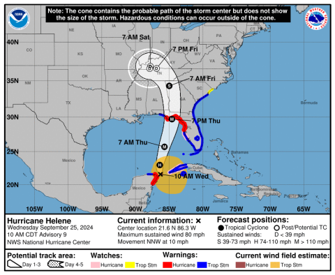Mandatory evacuation orders have been issued for some residents in Suwannee and Lafayette counties ahead of Hurricane Helene's arrival Thursday. The storm is expected to be a major hurricane before making landfall in the Big Bend of Florida. (NATIONAL WEATHER SERVICE)