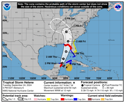 Tropical Storm Helene is expected to develop into a major hurricane before making landfall Thursday. (NATIONAL HURRICANE CENTER)