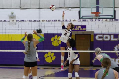 Columbia hitter Sinei Wood attempts returns a shot against Suwannee on Sept. 3. (BRENT KUYKENDALL/Lake City Reporter)
