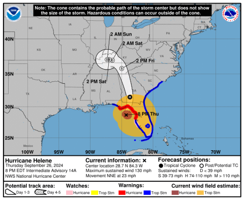 The current projected path for Hurricane Helene as of 8 p.m. Thursday. (NATIONAL HURRICANE CENTER)