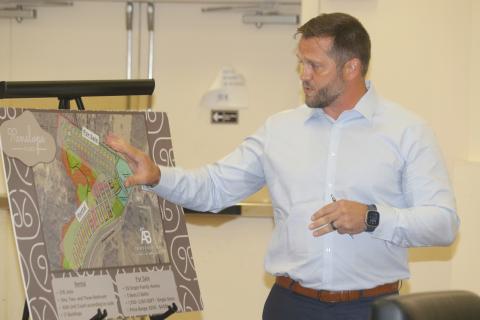 Lance Jones with Jones Engineering goes over the plan for Penelope Place, a mixed-use development that would include single-family houses, apartments and a commercial element, during Tuesday’s planning and zoning board meeting about the proposal. (TONY BRITT/Lake City Reporter)