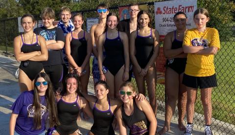 The Columbia swim teams. Back row: Casey Fair (from left), Fredrick Donaway, Anderson Mitchell, Savannah Summerall, Baron Herget, Annie Glenn, Zane Bosserman, Brie Fair, Blythe Harrell and CHS exhibition swimmer Rowan Sheehan; front row: Abby Ulloa (from left), Izzy Scott, Luciana Tonetti and CHS exhibition swimmer Mackenzie Shoemaker. (COURTESY)