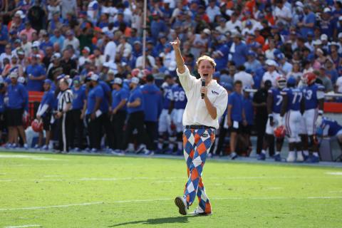 University of Florida sophomore Drew Hingson, 19, of Lake City, leads 90,000 fans in a cheer during the Gators home opener Saturday against Miami in The Swamp. Hingson is the school’s Florida Mic Man this season. Hingson will lead the crowd in pregame cheers of ‘Orange and Blue’ and the ‘Gators Spell-out’ and serve as the hype man with the Gators Cheer Squad in front of the student section at home football games. (COURTESY)