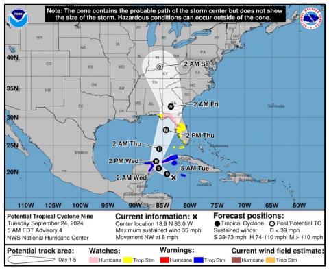 Potential Tropical Cyclone 9 is expected to become a hurricane Wednesday and make landfall in the Big Bend or Florida Panhandle by Thursday evening. (COURTESY)