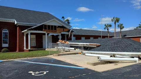 The awning over the drive-through drop-off entrance to Westwood Baptist Church in Live Oak collapsed during Hurricane Helene. (ROB WOLFE/Lake City Reporter)