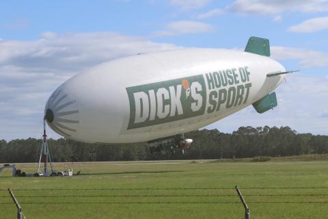 A Dick’s Sporting Goods blimp was docked at the Florida Gateway Airport Tuesday after it evacuated from the path of Hurricane Milton. (TONY BRITT/Lake City Reporter)
