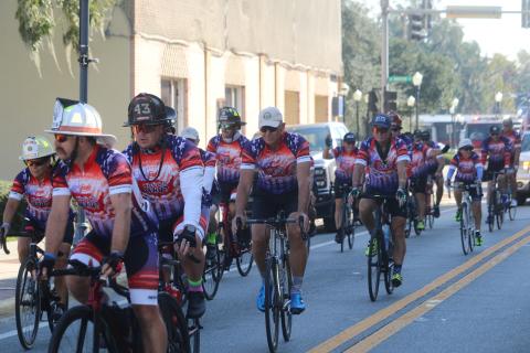 First Responders participating in the 2024 Brotherhood Ride, travel down Marion Avenue on their way to Lake City Elks Lodge #893 on Monday. (TONY BRITT/Lake City Reporter)