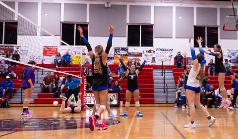 Branford celebrates after scoring a point against Union County during the District 6-R championship on Thursday. (JACK HOWDESHELL/Lake City Reporter)