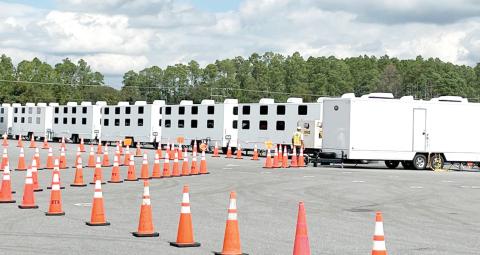 Florida Gateway College’s Olustee campus is housing mobile kitchens, shower facilities and bunks to house more than 900 linemen helping Florida Power & Light restore power in Columbia County and North Florida after Hurricane Helene. (COURTESY FLORIDA GATEWAY COLLEGE)
