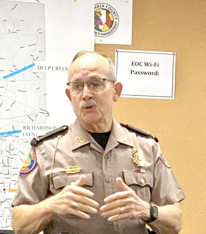 FHP Capt. Mike Burroughs explains Emergency Shoulder Use operations for Interstate 75 northbound lanes Tuesday morning during a Columbia County Emergency Operations Center briefing in Lake City. Southbound lanes of I-75 never closed and will remain open as normal during Hurricane Milton. (TODD WILSON/Lake City Reporter)
