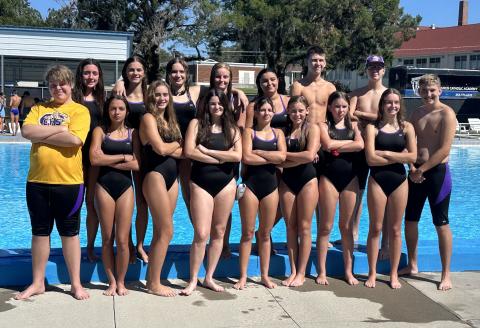 The Columbia swims teams: Izzy Scott (back row, from left), Brie Fair, Emma Fielding, Savannah Summerall, Blythe Harrell, Baron Herget, Zane Bosserman and Anderson Mitchell; Fredrick Donaway (front row, from left), Gabby Tonetti, Casey Fair, Abbi Ulloa, Luciana Tonetti, Mackenzie Shoemaker, Rowen Sheehan and Annie Glenn. (COURTESY)