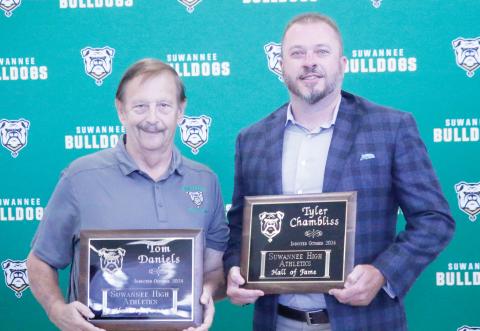 New Suwannee Hall of Fame inductees Tom Daniels (left) and Tyler Chambliss (right). (JAMIE WACHTER/Lake City Reporter)