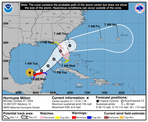 Hurricane Milton, now a Category 4 storm, is expected to hit the state late Wednesday or early Thursday, bringing punishing winds and massive storm surge. (NATIONAL HURRICANE CENTER)