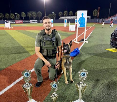 Columbia County Sheriff’s Office Sgt. Matthew Waddington and his K9 partner Cairo earned three awards at the Space Coast Police K-9 Competition on Friday in Viera. Cairo was name dthe fastest dog and the hardest dog while finishing third on the obstacle course. (COURTESY)