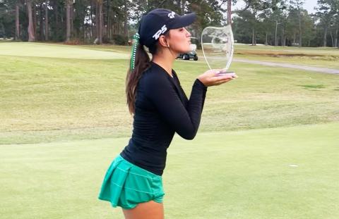 Suwannee golfer Ryan Donaldson celebrates with the Region 1-2A trophy after winning the tournament with a 2-under-69 on Tuesday. (COURTESY)