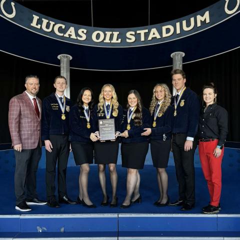 The Lafayette FFA parliamentary procedure team, which included Trey Galbraith, Wyatt Chandler, Alyssa Jones, Sidney Wimberley, Delaney Deadwyler and Emily Reese Thomas won the national title at the FFA Convention in Indianapolis. (COURTESY)