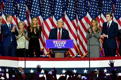 Former US President and Republican presidential candidate Donald Trump speaks during an election night event at the West Palm Beach Convention Center in West Palm Beach. Donald Trump claimed victory and pledged to “heal” the country. (JIM WATSON/AFP/Getty Images)