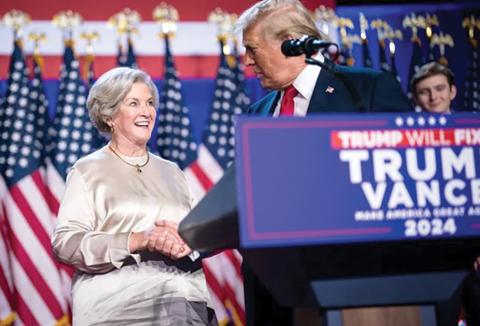 Susie Wiles speaks with Donald Trump after he was declared the winner during an election night watch party last week at the Palm Beach County Convention Center in West Palm Beach. (JABIN BOTSFORD/The Washington Post/Getty Images/MCT)