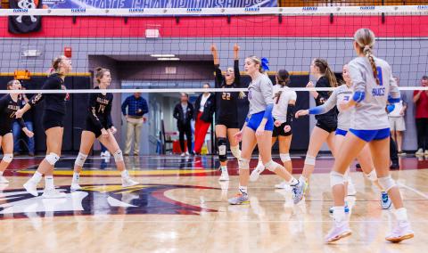 Liberty County celebrates after scoring a point against Branford during the Class Rural state championship on Wednesday. (JACK HOWDESHELL/Lake City Reporter)
