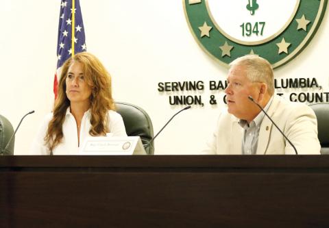 Sen. Jennifer Bradley and Rep. Chuck Brannan listen during last year’s Columbia County legislative delegation hearing at Florida Gateway College. the hearing for the upcoming Legislative session is set for Wednesday, Jan. 8. (FILE)