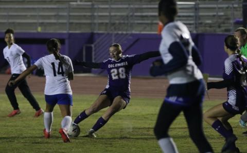 Columbia’s Kyndall Norris takes a shot that resulted in the team’s second goal in Tuesday’s 3-0 win over Ridgeview. (MORGAN MCMULLEN/Lake City Reporter)