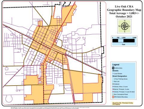 The Live Oak Community Redevelopment Agency district may be expanded or have additional districts created. The current district runs from the north end of the city to the south along Ohio Avenue (U.S. Highway 129) and includes the bulk of downtown Live Oak. (COURTESY CITY OF LIVE OAK)