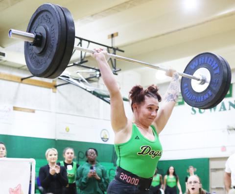 Suwannee lifter Katherine Lansford completes her clean and jerk attempt at the District 4-1A meet on Jan. 24. (PAUL BUCHANAN/Lake City Reporter)