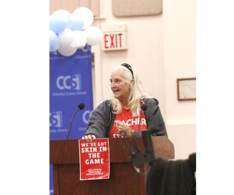 Sally Sluder, an ESE teacher at Columbia City Elementary, said the school district should listen when the teachers talk about their ‘skin in the game.’ (JAMIE WACHTER/Lake City Reporter)