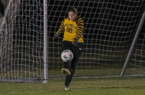 Columbia goalkeeper Sadie Sparks kicks the ball back into play against Eastside on Nov. 19, 2024. (BRENT KUYKENDALL/Lake City Reporter)