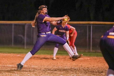 Columbia pitcher Harleigh Price winds up to pitch against Baldwin on Tuesday. (BRENT KUYKENDALL/Lake City Reporter)