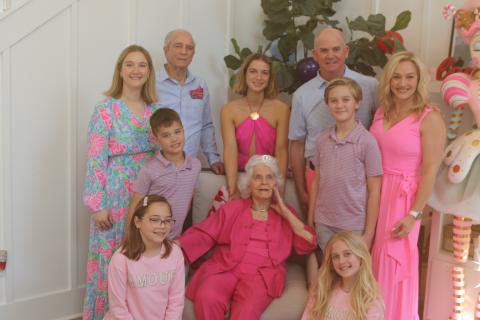 Helena Powers celebrated her 109th birthday this weekend with a party with friends and family. Pictured with Powers during the celebration are Madeleine Johnson (bottom row, from left) and Claire Walsh; Everett Johnson (middle row, from left), Powers, Carson Powers and Allison Powers; and Jessica Johnson (back row, from  left), Frank Powers, Aspen Powers and John Walsh. (TONY BRITT/Lake City Reporter)