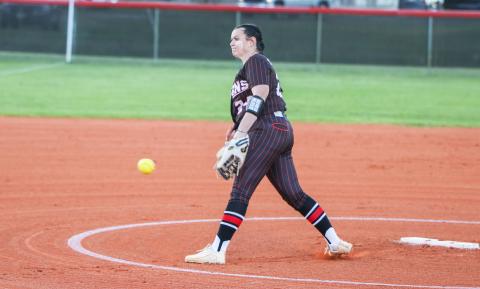 Fort White pitcher Kadence Compton unloads a pitch against Columbia on Monday night. (BRENT KUYKENDALL/Lake City Reporter)