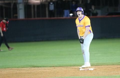 Columbia first baseman Max Schuler celebrates on second base after hitting a 3-RBI double in the top of the eighth inning against Santa Fe on Thursday. (JORDAN KROEGER/Lake City Reporter)