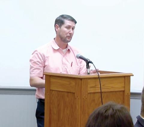 Lafayette County Supervisor of Elections Travis Hart speaks at the county’s legislative delegation hearing last week at the Lafayette County Courthouse. (COURTESY)