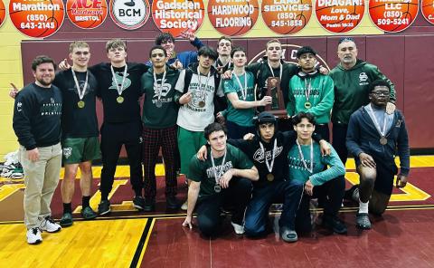 Suwannee’s wrestling team won their third straight district IBT title on Tuesday, taking home the 2-1A crown. (COURTESY)