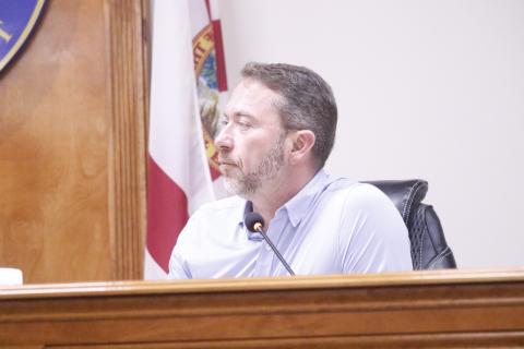 Rep. Jason Shoaf, listening during the Suwannee County legislative delegation hearing in February, has sponsored 12 projects worth $15.882 million for appropriations in Suwannee, Hamilton and Lafayette counties. (FILE)
