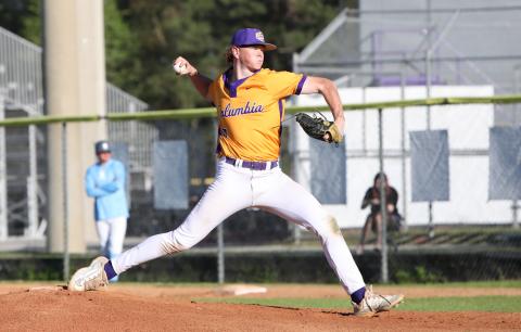 Columbia pitcher Nolan Slaymaker pitches against St. Johns Country Day on March 18. (BRENT KUYKENDALL/Lake City Reporter)