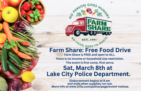 The Lake City Police Department is hosting its first Farm Share food distribution of the year Saturday. (COURTESY)