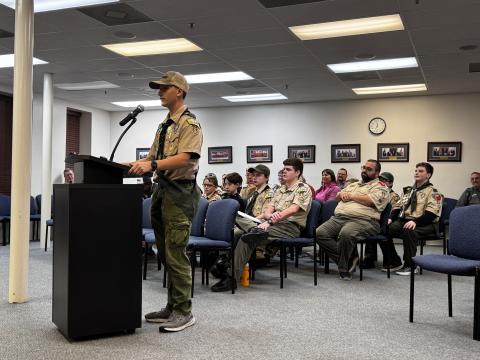 Dakota Beichner, a senior patrol leader with Scouts Troop 85, speaks to the Lake City Council on Monday night. The troop attended the meeting as it works on its citizenship in the community merit badge. (JAMIE WACHTER/Lake City Reporter)