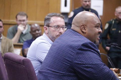 Sen. Corey Simon (right) speaks during the Hamilton County delegation meeting last month while Rep. Jason Shoaf (left) looks on. Simon and Shoaf agreed at that meeting to advance a local bill in the session to abolish the White Springs town government. (FILE)