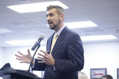 Andrew Kalel, a government affairs consultant at Sunrise Consulting Group, speaks to the Lake City Council about becoming the city’s state lobbyist. (JAMIE WACHTER/Lake City Reporter)