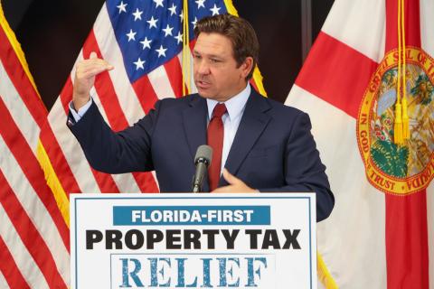 Gov. Ron DeSantis speaks about his proposal for Florida to become the first state to abolish property taxes during a news conference at the Florida Realtors headquarters in Orlando on Monday. (RICH POPE/Orlando Sentinel/TNS)